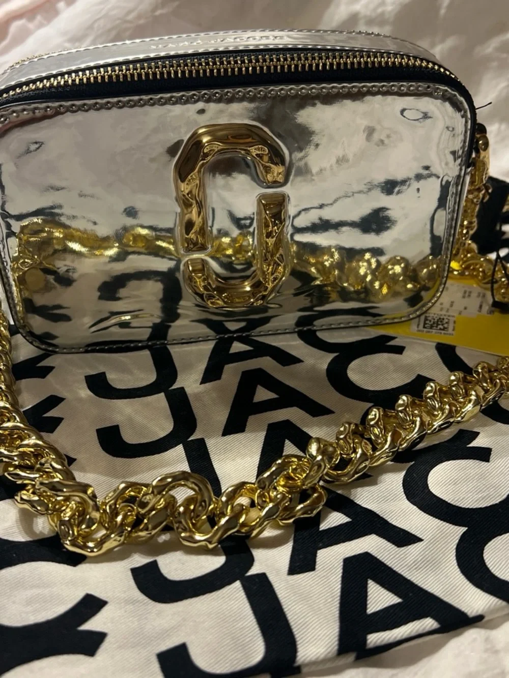 Marc Jacobs Silver Metallic Camera Crossbody with Gold Chain Accents